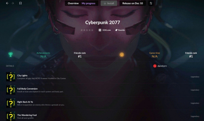 В GOG Galaxy появились внутриигровые достижения Cyberpunk 2077