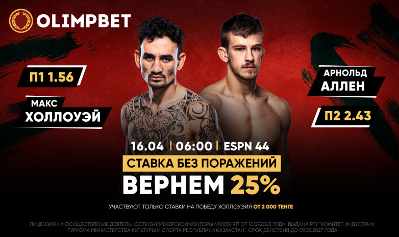 Холлоуэй vs Аллен: кешбэк 25% и расклад на бой от Olimpbet