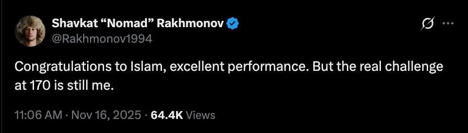 Шавкат Рахмонов обратился к Исламу Махачеву после его триумфа на UFC 322