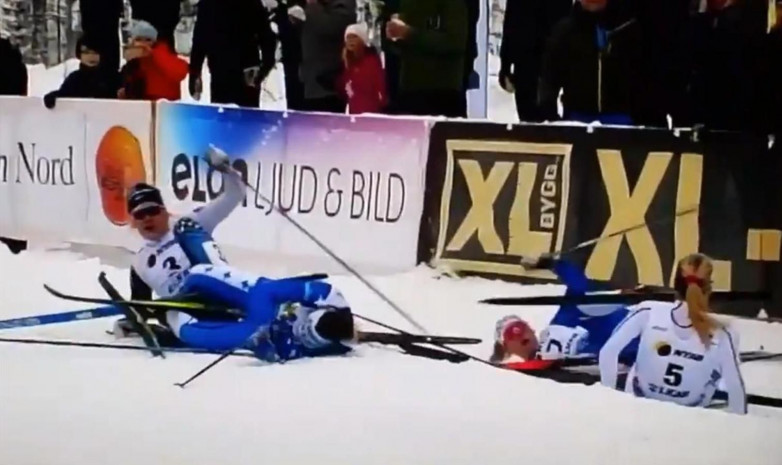 Эпик фейл. Лыжница финишировала первой благодаря массовому падению пятерых лидеров. Видео